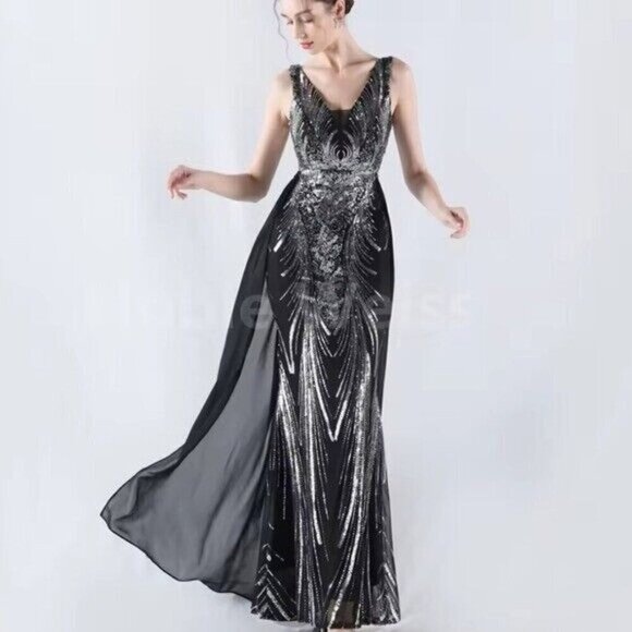 Black, Draped Skirt, Beaded Back,  V Neck,  Sleeveless, Sequined Mermaid… - Picture 7 of 16